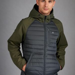 A gray hooded Jacket with olive green sleeve