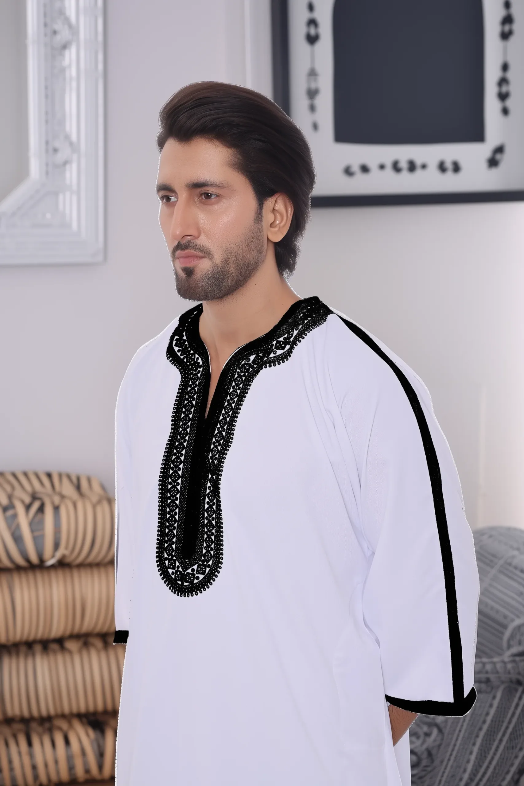 White kaftan thobe with black embroidery