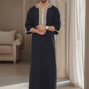 Black kaftan thobe with beige embroidery
