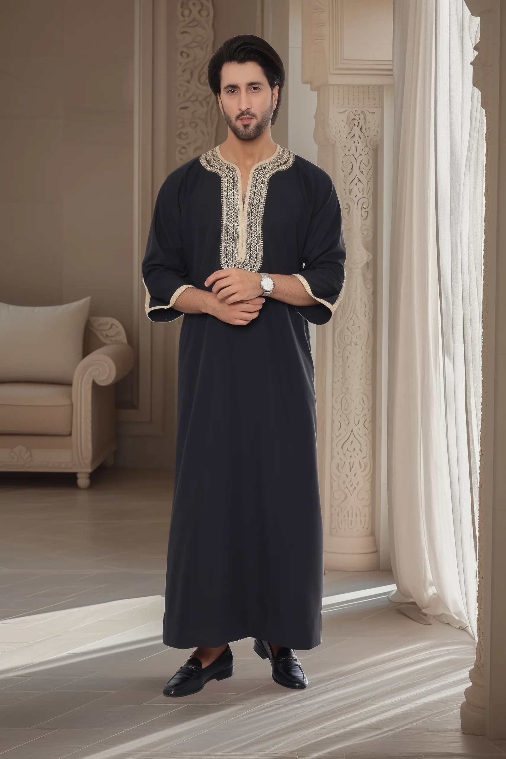 Black kaftan thobe with beige embroidery Black kaftan thobe with beige embroidery